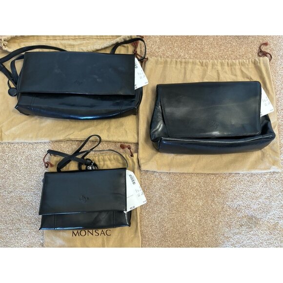 NEW (3) Monsac Black Leather Classic Shoulder Strap Zip Bag Tote Purse Vintage - Picture 1 of 16
